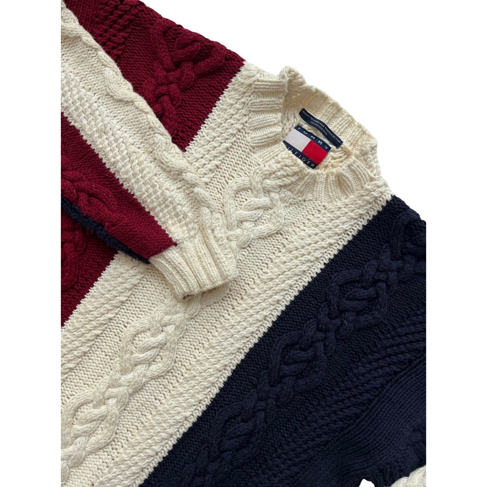 Tommy Hilfiger Mens XL Hand Knitted Cable Knit Sweater Colorblock 90's Y2K Heavy